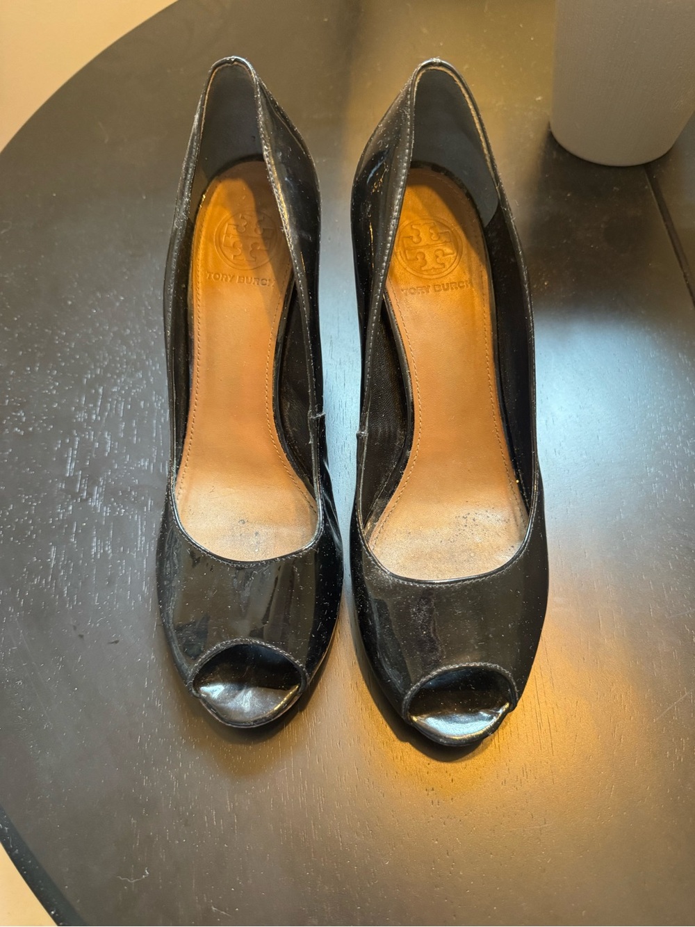 Tory Burch Black Patent Leather Peep-Toe Heels